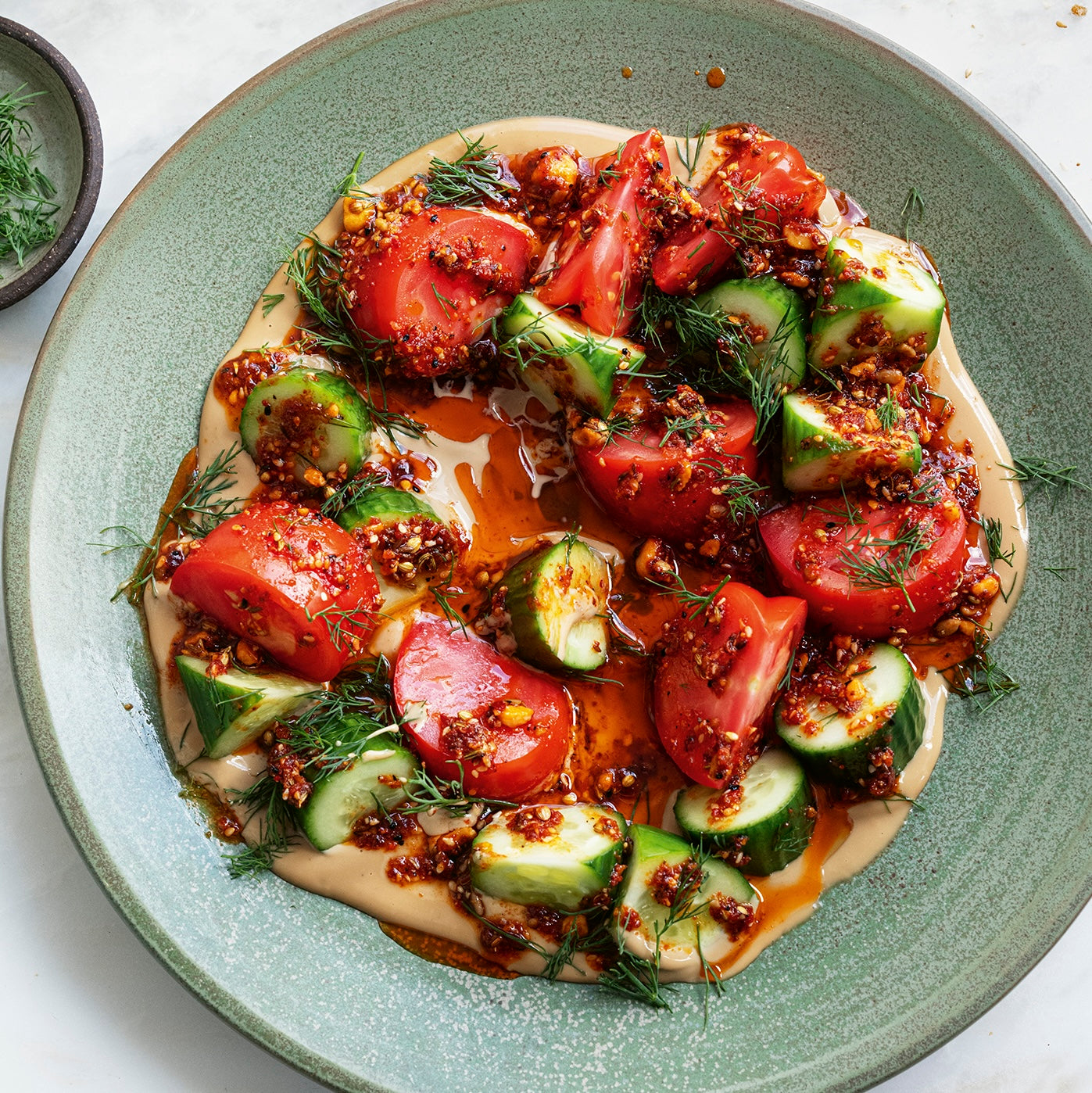 Tomato + Cucumber Salad with Sweet + Salty Tahini Dressing