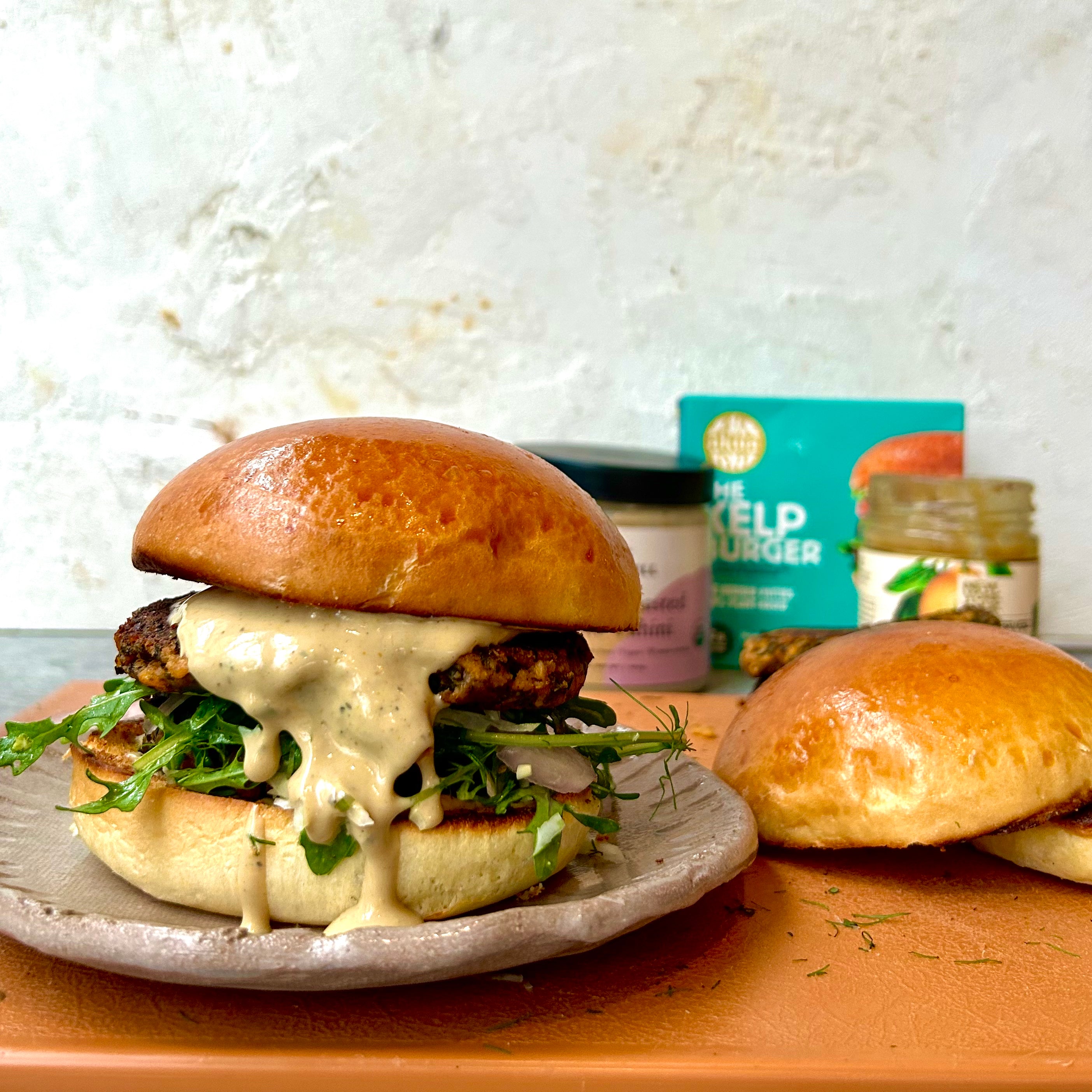 Vegan Burgers with Preserved Lemon Tahini Sauce & Fennel-Arugula Slaw