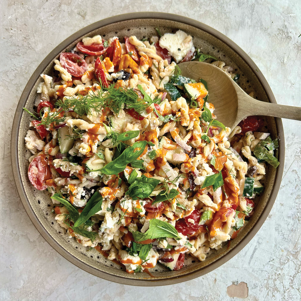 Greek Pasta Salad with Creamy Tahini Dressing