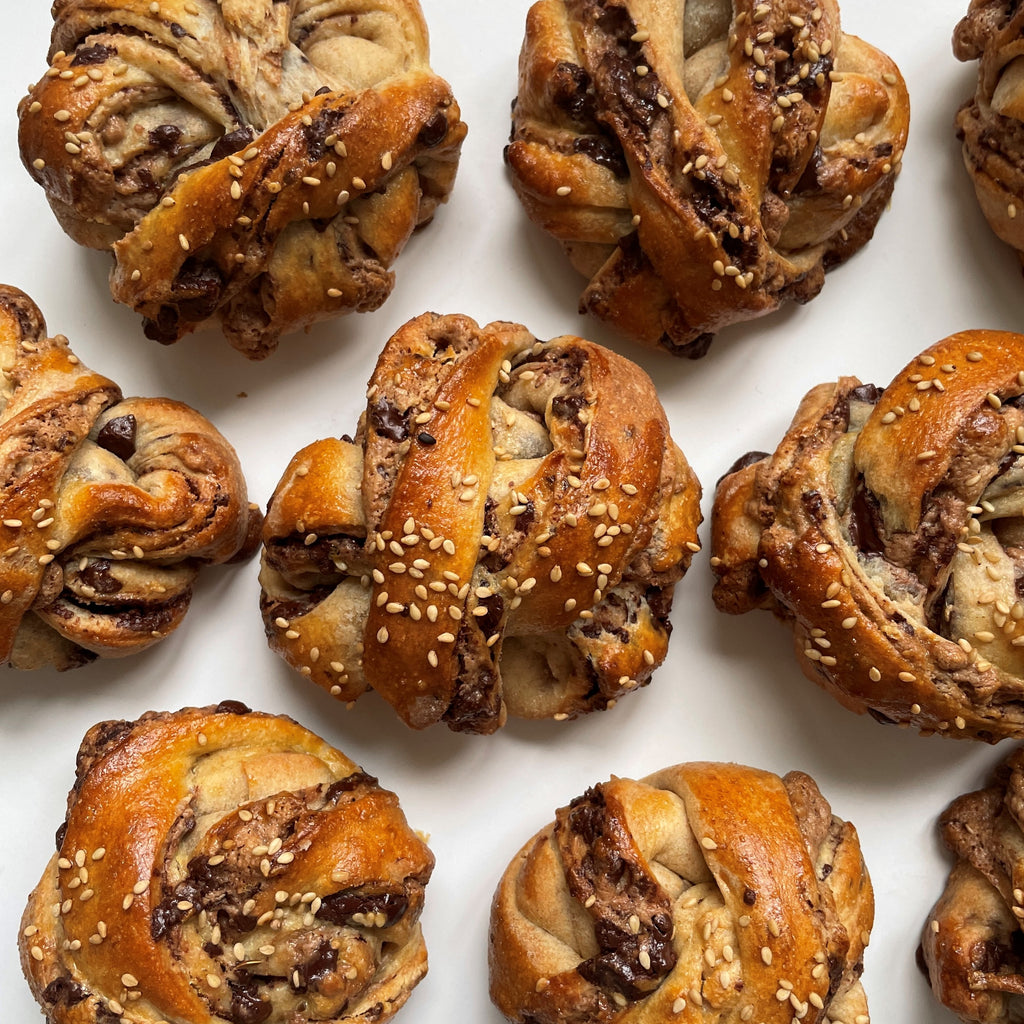 Halva, Dark Chocolate, Sesame Twist Buns