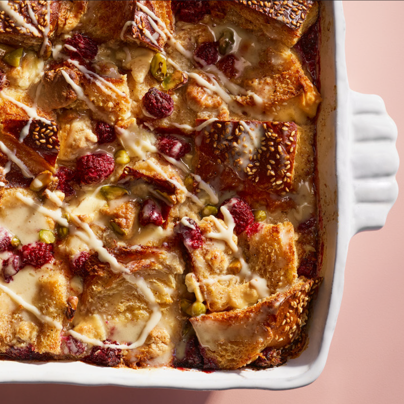 Adeena Sussman's Halva Berry Bread Pudding with Tahini Drizzle