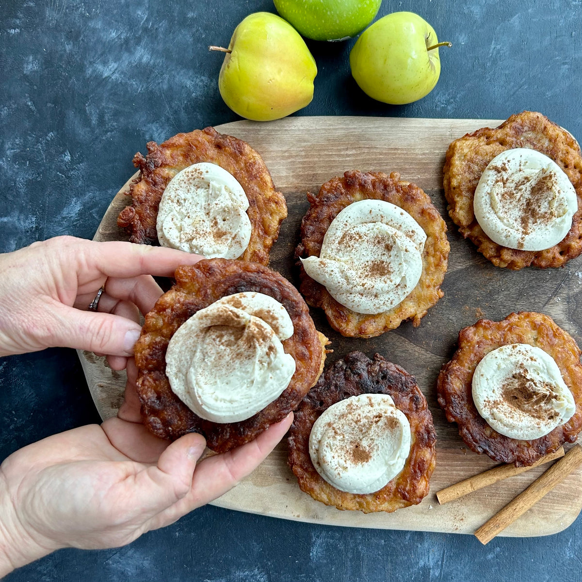 Spiced Apple Fritters (‘Latkes’) with Sweet Tahini Cream Cheese Frosting