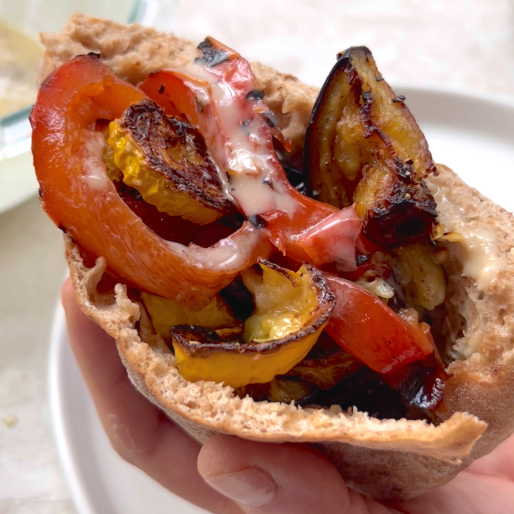 Alex Guarnaschelli's Roasted Vegetable Sandwich with Tahini-Coriander Dressing