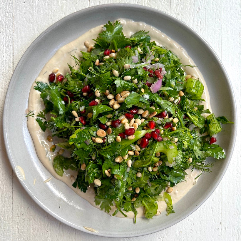 Herby Salad with Pomegranates & Tahini