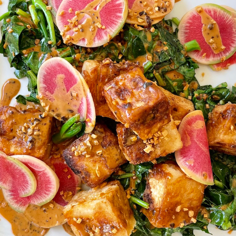 Crispy Tofu with Spicy Tahini Greens