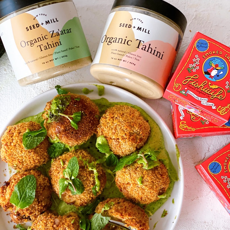 Oven Roasted Salmon & Farro Cakes with Green Goddess Tahini Sauce