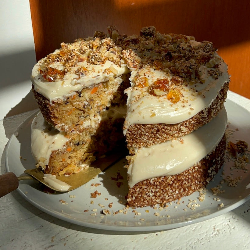 Carrot Cake with Seed Brittle & Tahini Cream Cheese Frosting