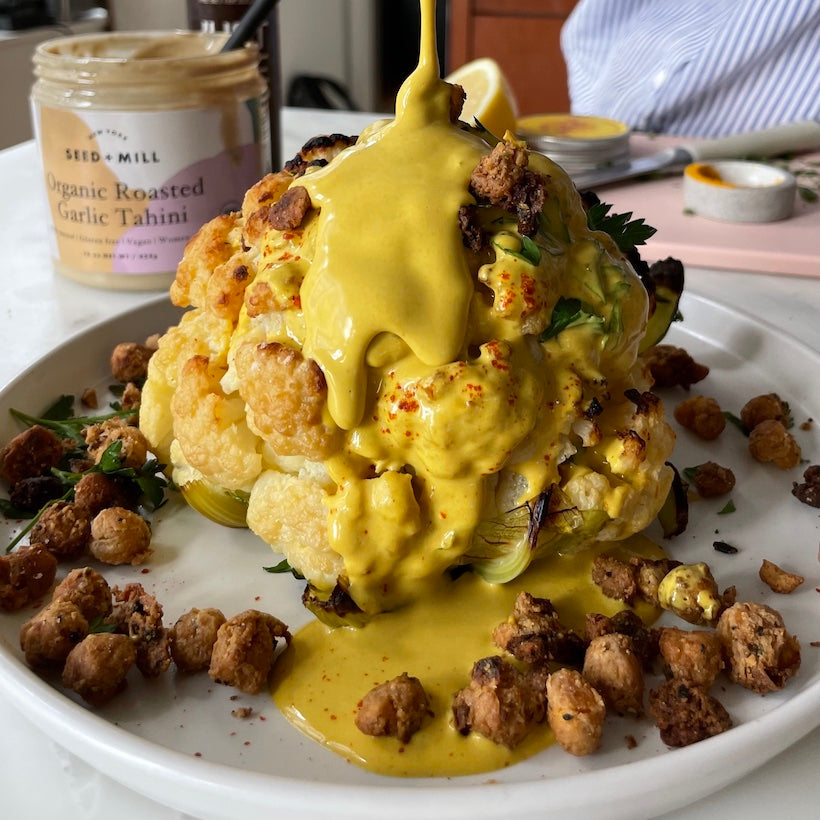 Whole Roasted Cauliflower with Golden Tahini Sauce