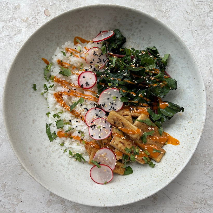 Sautéed Greens & Tofu with Tahini 麻醬香煎豆腐蓋飯