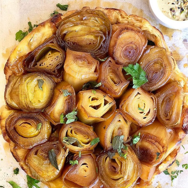 Leek Tarte Tatin With Tahini Drizzle