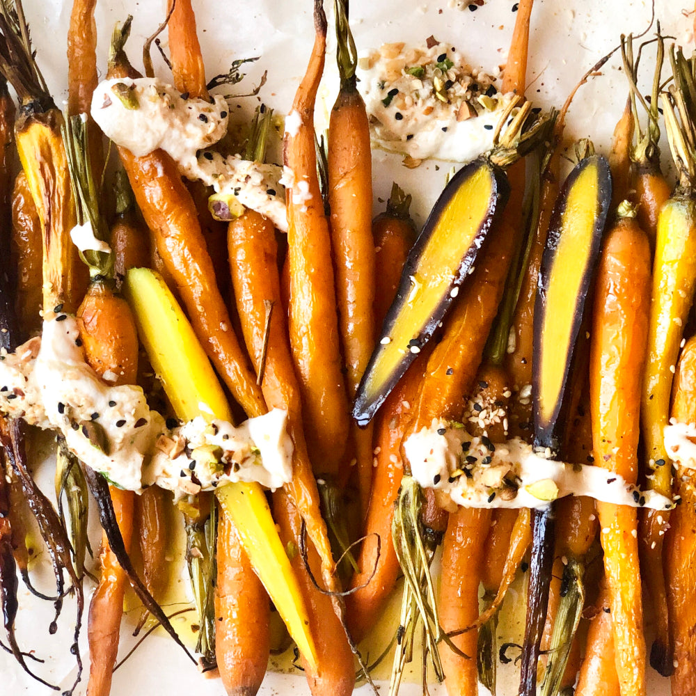 Roasted Tahini Rainbow Carrots