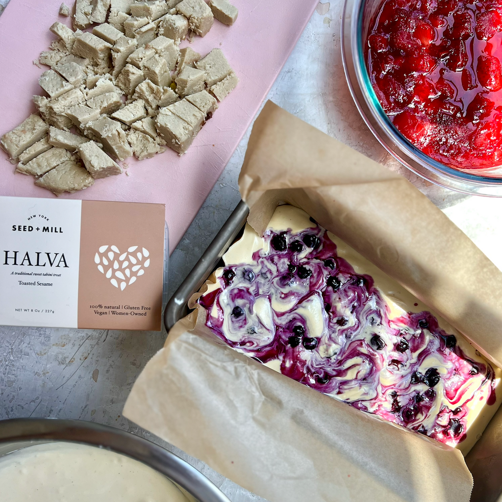Tahini Semifreddo with Halva Chunks & Berry Jam