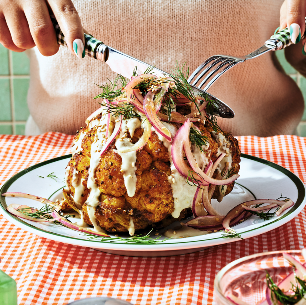 Shawarma-Spiced Whole Roasted Cauliflower with Garlicky Tahini & Quick-Pickled Onions