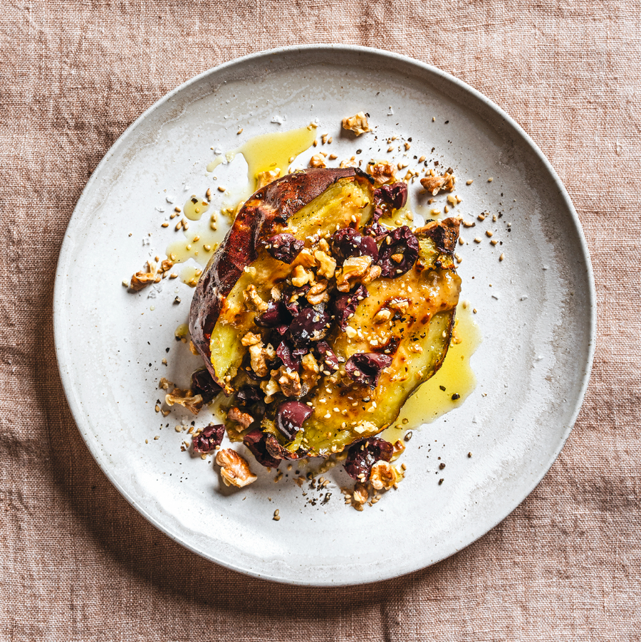 Melissa King's Roasted Japanese Sweet Potatoes with Olives, Walnuts & Miso-Tahini