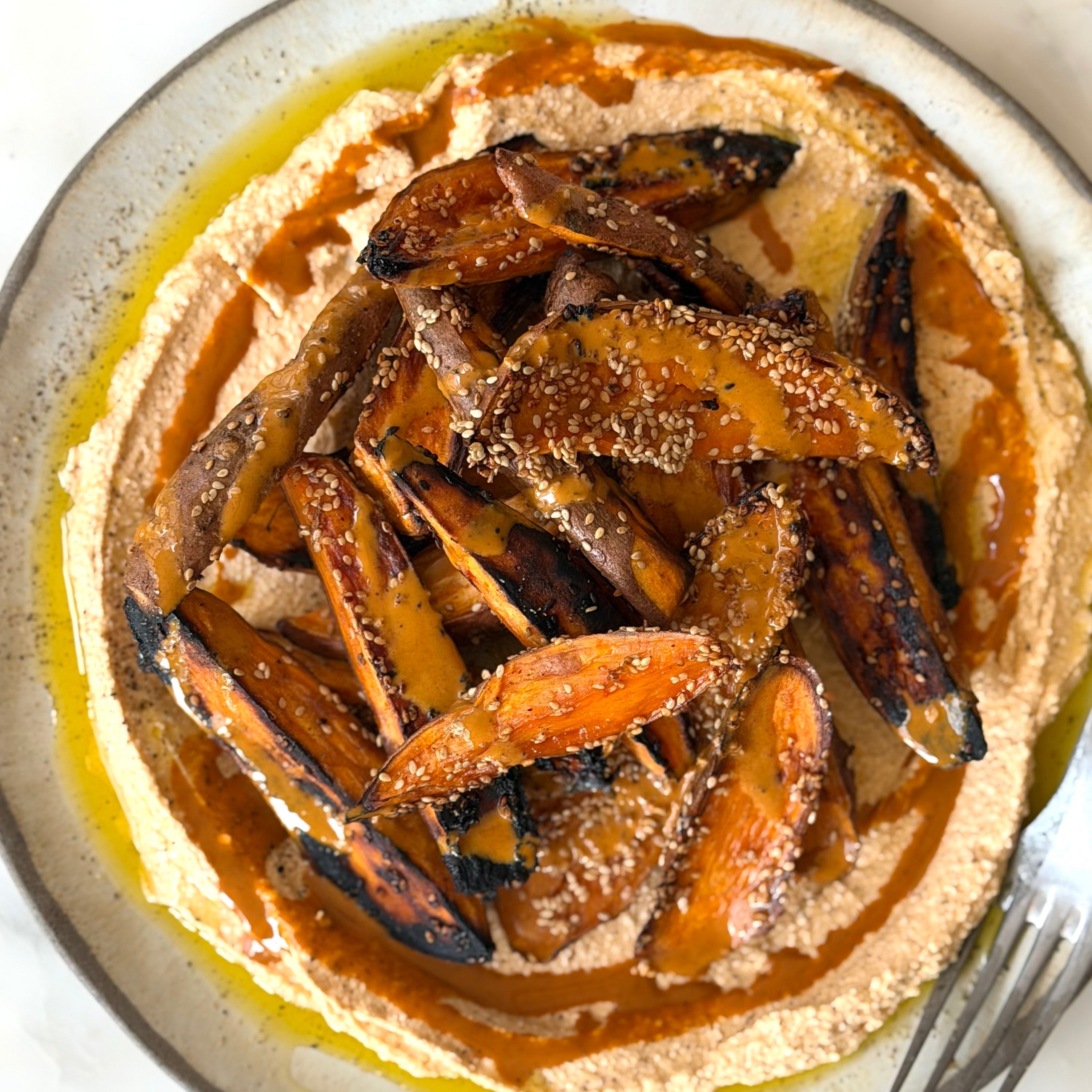 Sweet Potatoes with Spicy Tahini & Whipped Feta Dip