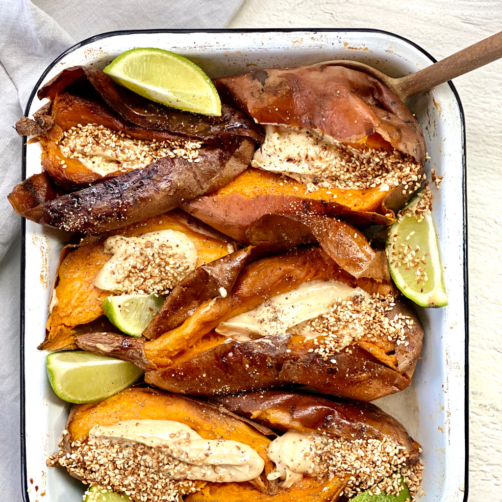Roasted Sweet Potatoes With Tahini Lime Butter