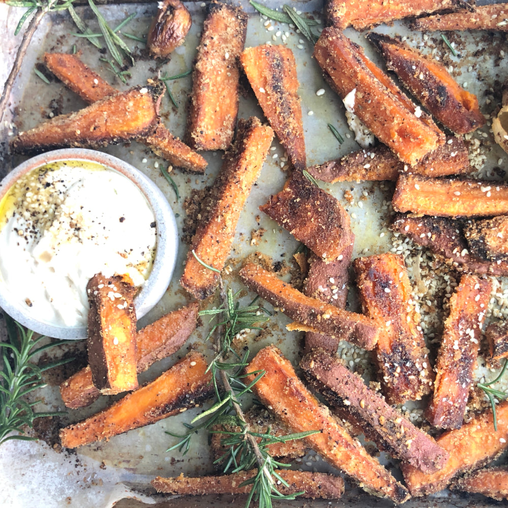 Za'atar Roasted Sweet Potatoes With Tahini Ranch Dressing Seed + Mill