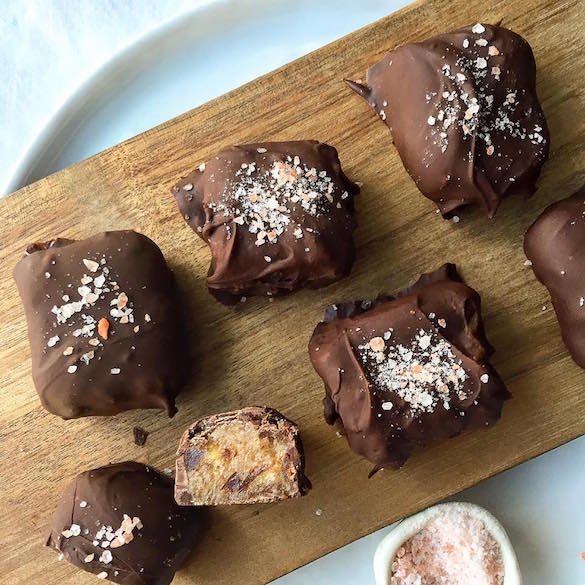 Chocolate covered tahini date caramels