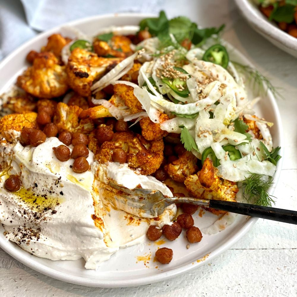 Warm Spiced Chickpeas & Cauliflower with Tahini Yogurt