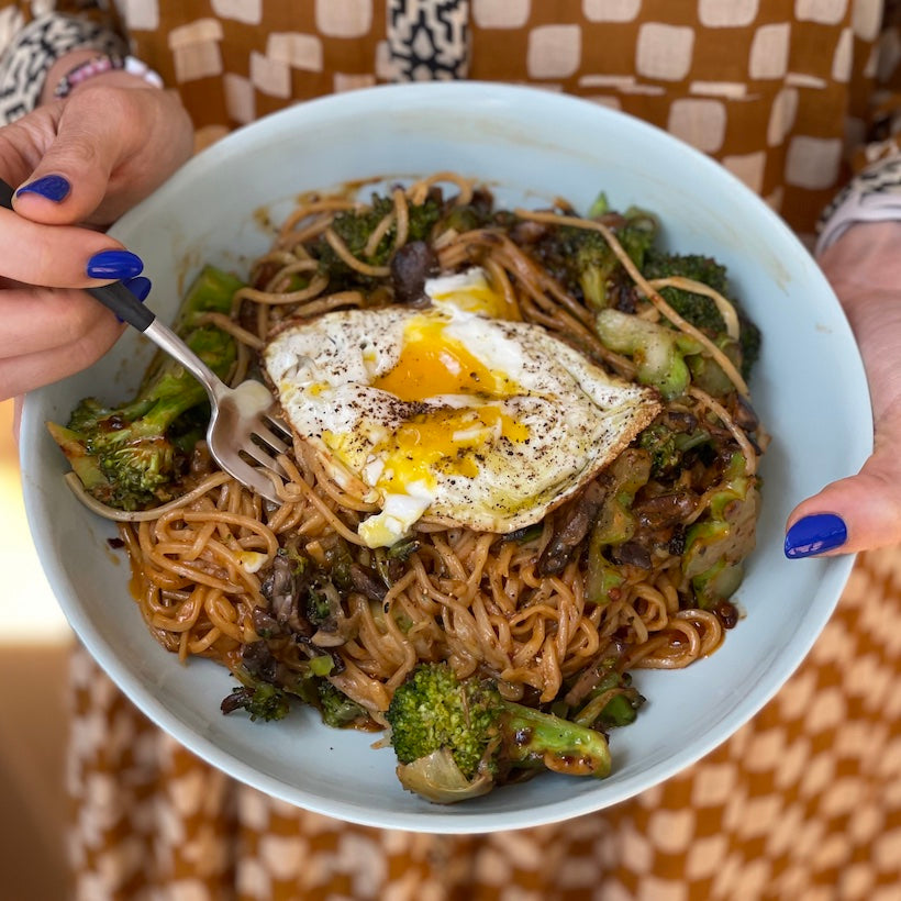 Sesame Noodles with Crispy Broccoli and Fried Eggs