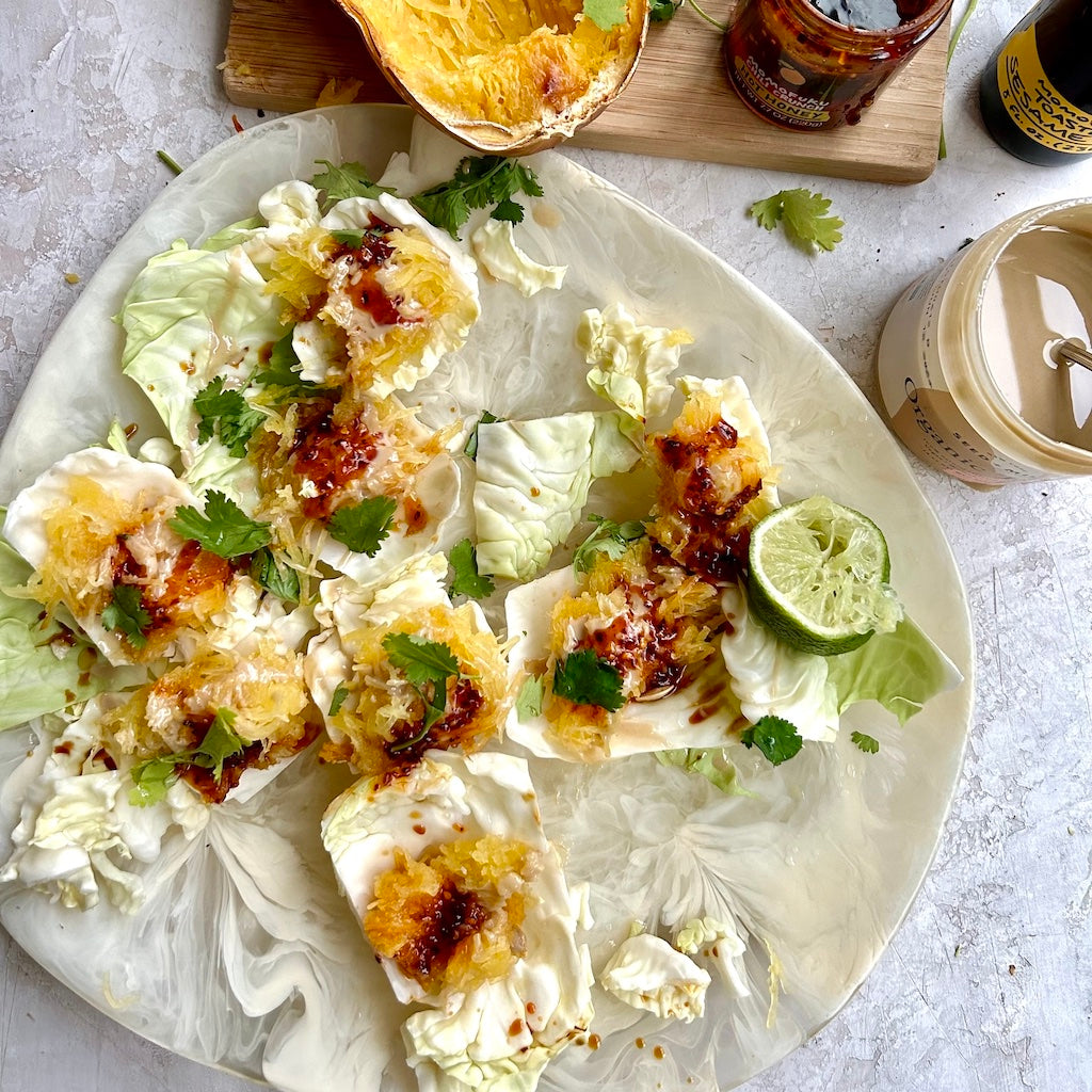 Rustic Spaghetti Squash Cabbage Cups with Tahini & Hot Honey