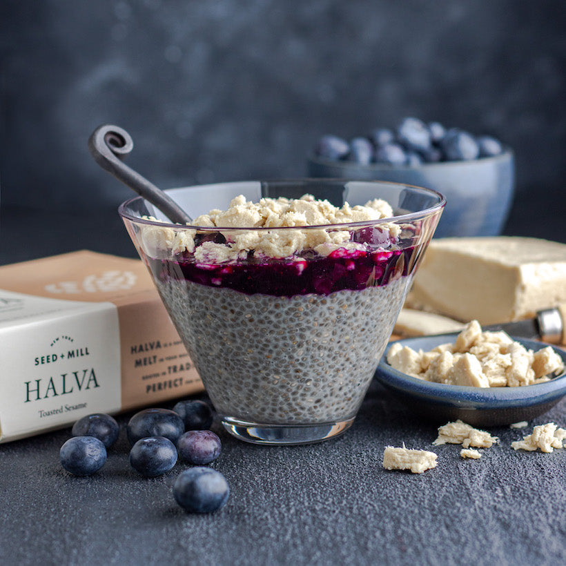 Tahini Chia Pudding with Halva Crumble & Blueberries