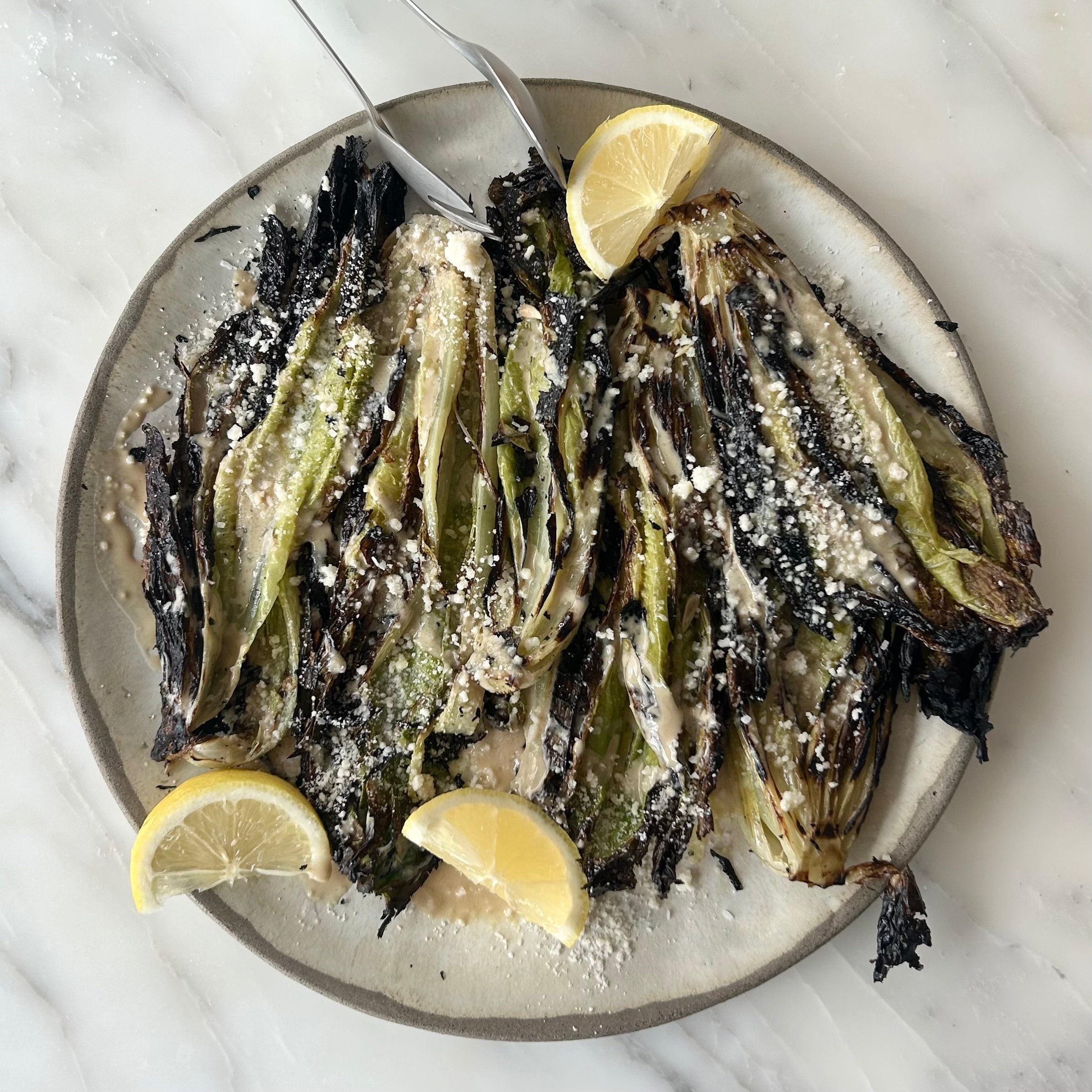 Grilled Romaine with Tahini Caesar(ish) Dressing