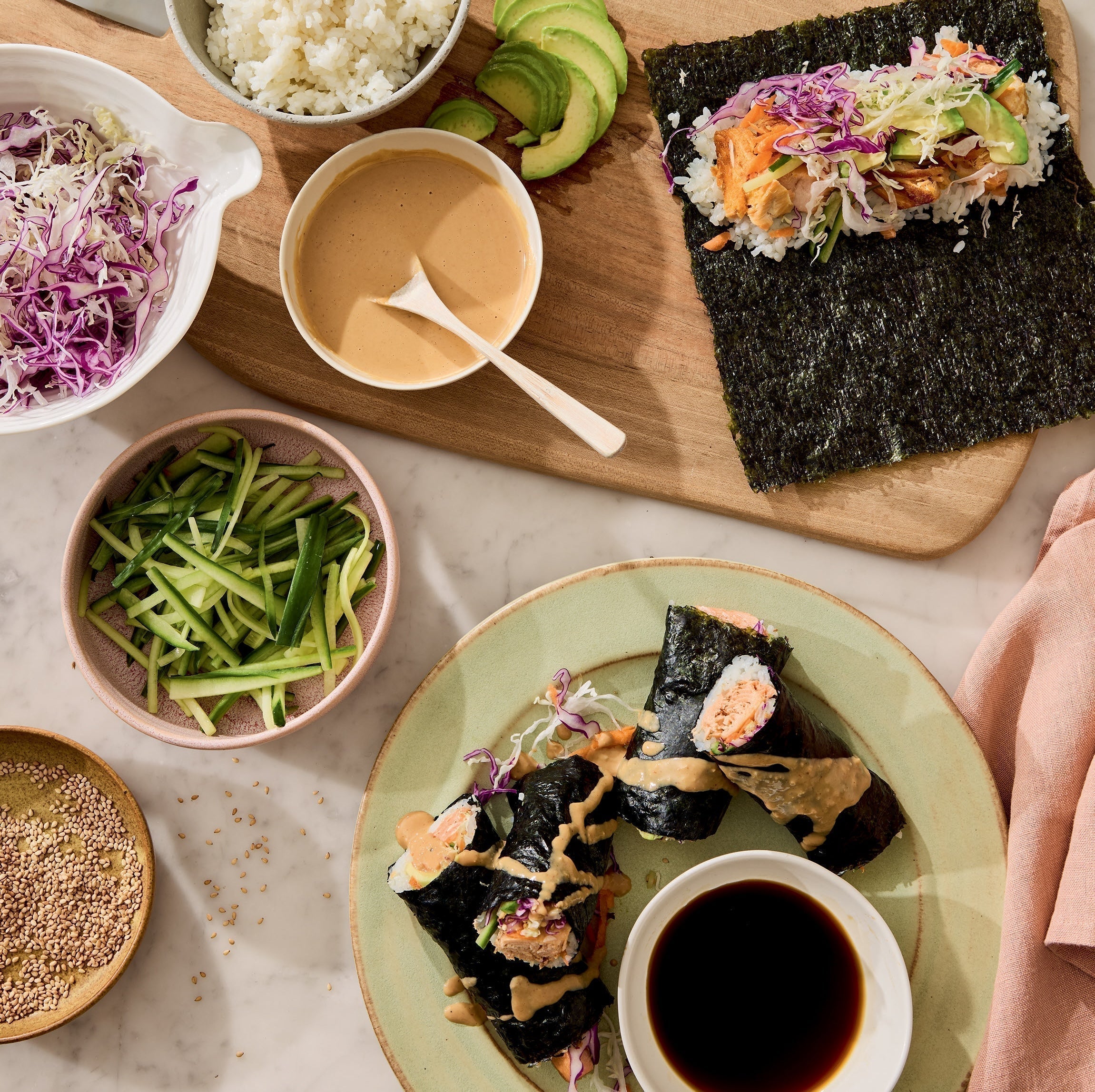 Paige Lindgren's Salmon & Avocado Nori Wraps with a Gingery Tahini Miso Drizzle