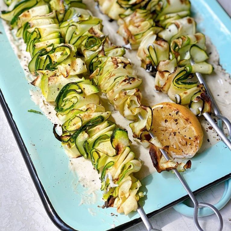 Charred Zucchini Ribbons with Za’atar Tahini Yogurt Sauce