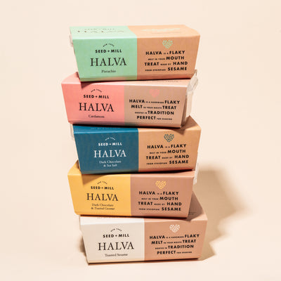 Halva library; a stack of all five halva flavors.