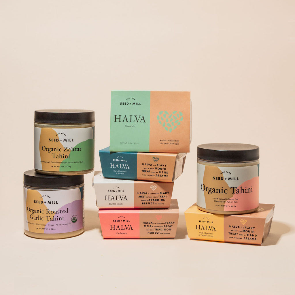 Ultimate gift set; three jars of tahini and five containers of halva.