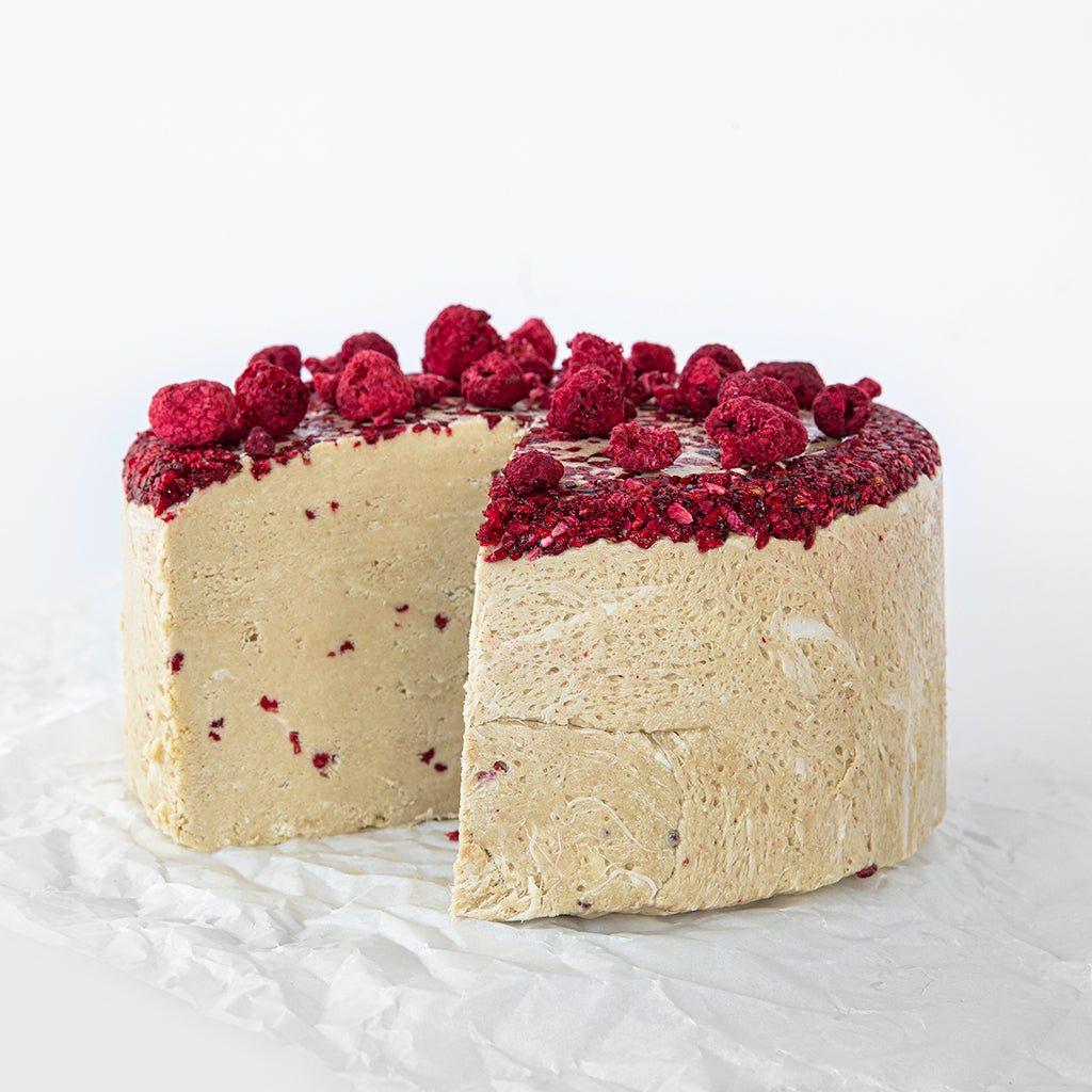 A raspberry halva cake.